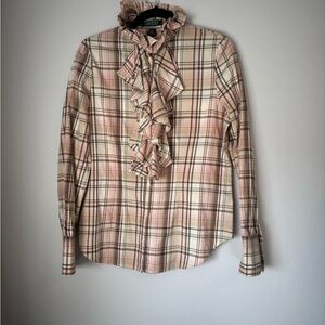 Ralph Lauren Plaid Ruffle Front Button-Up Blouse - Pink/Tan